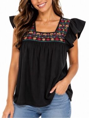 Embroidered Flutter Sleeve Peasant Boho Blouse Top Medium Dorose EUC